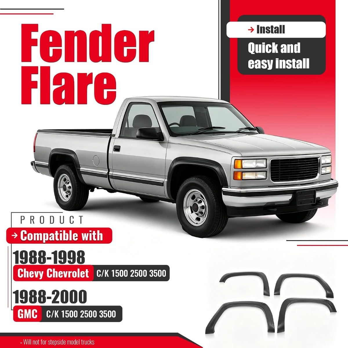 Fender Flare Compatible with 1988-2000 Chevy&GMC C/K 1500 2500 3500 | Front & Rear 4Pcs Wheel Arch Cover Protector Set Plastic(PP) Textured Black