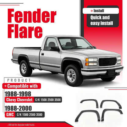 Fender Flare Compatible with 1988-2000 Chevy&GMC C/K 1500 2500 3500 | Front & Rear 4Pcs Wheel Arch Cover Protector Set Plastic(PP) Textured Black