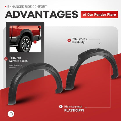 Fender Flares Compatible with 2017-2024 Nissan Titan | 4Pcs Wheel Arch Covers Plastic(PP) Textured Black