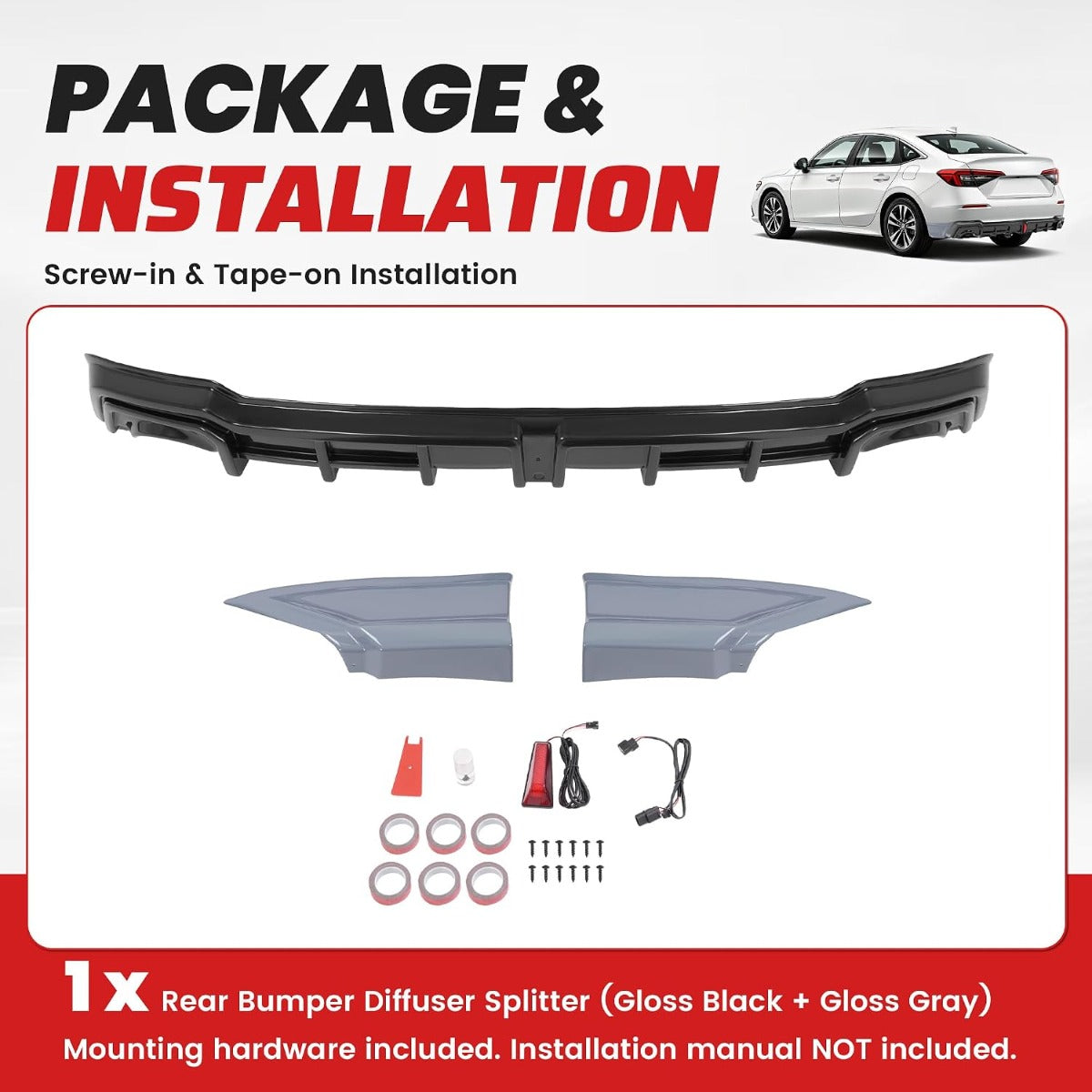 ALMULOO Rear Bumper Diffuser Splitter Compatible with 2022-2026 Honda Civic