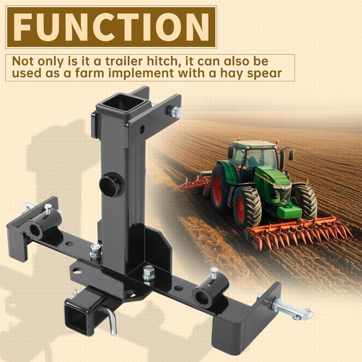 3 Point Hitch Receiver Universal Compatible with Category 1 Tractors Trailer Gooseneck Drawbar Receiver w/Spear Holes Black Steel Powder Coated