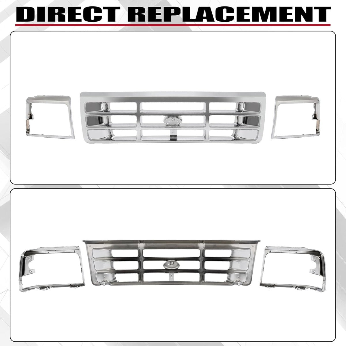Front Grille & Headlight Bezel Compatible with 1992-1997 Ford Bronco F-150 F-250 HD F-350 Replacement for F4TZ8200A FO1200173 F2TZ13064D FO2512130 F2TZ13064C FO2513131 FO1200442 Chrome Silvery