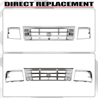 Front Grille & Headlight Bezel Compatible with 1992-1997 Ford Bronco F-150 F-250 HD F-350 Replacement for F4TZ8200A FO1200173 F2TZ13064D FO2512130 F2TZ13064C FO2513131 FO1200442 Chrome Silvery
