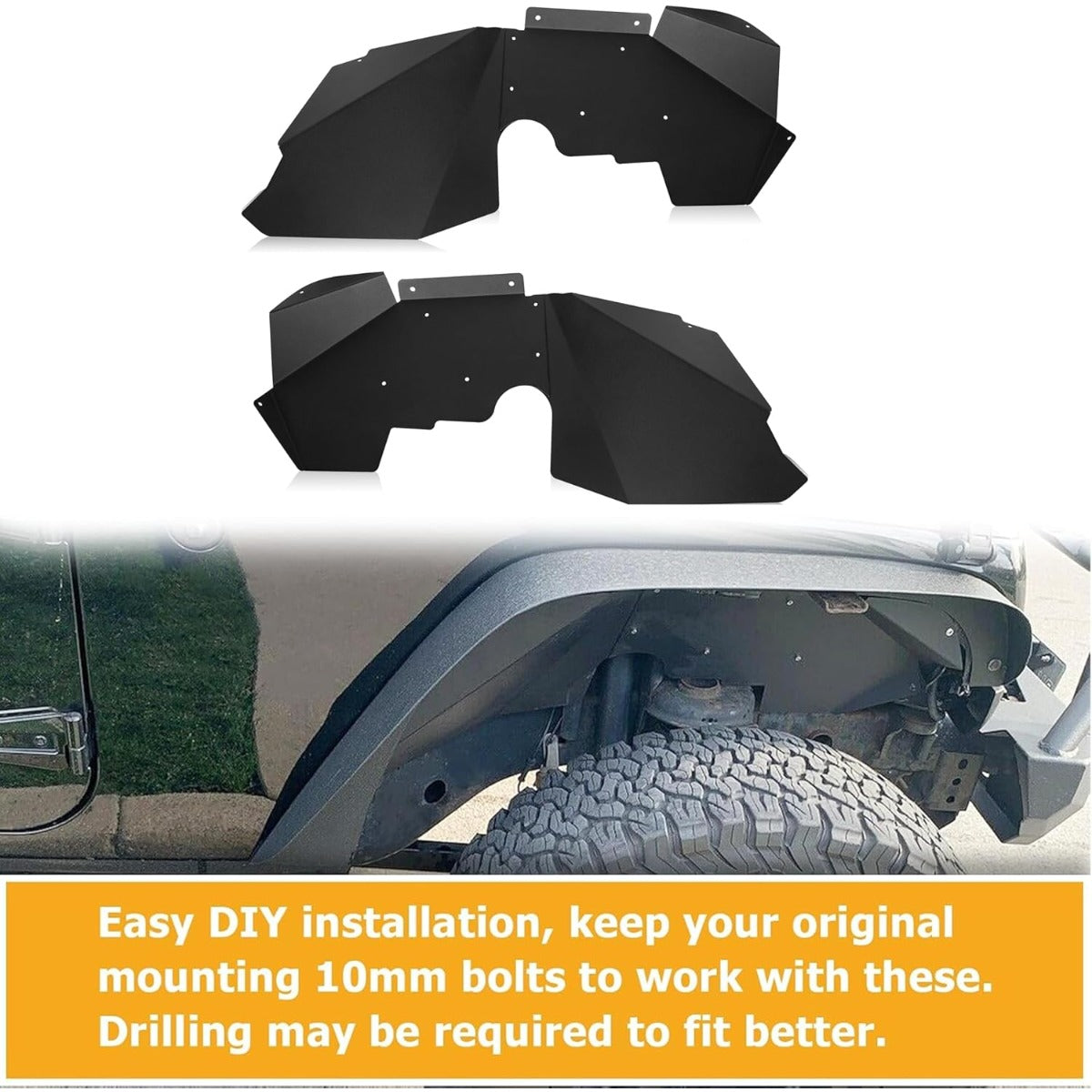 Front Inner Splash Guards Fender Liners for 2007-2019 Jeep Wrangler JK JKU 4WD Bolt-on Style Aluminum Flare Wheel Well Cover