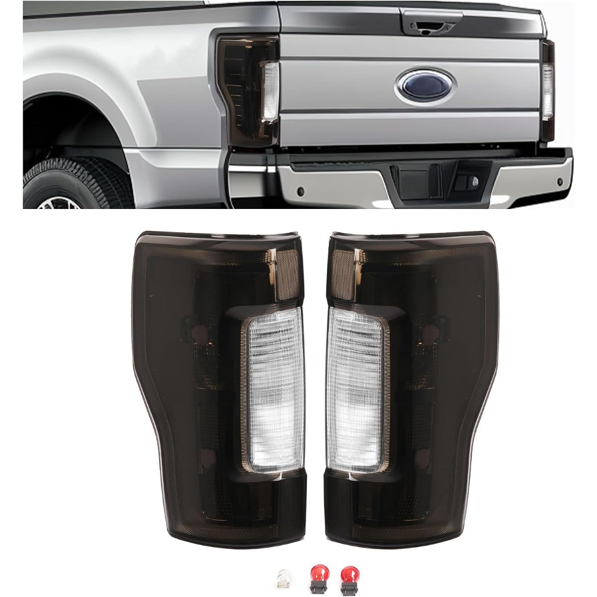 HECASA Pair Tail Light Compatible with 2017-2019 Ford F250 F350 F450 Super Duty Pickup Truck Replacement for FO2800256 FO2801256 Tail Rear Lamp w/o Blind Spot Smoke Lens Chrome Housing LH&RH