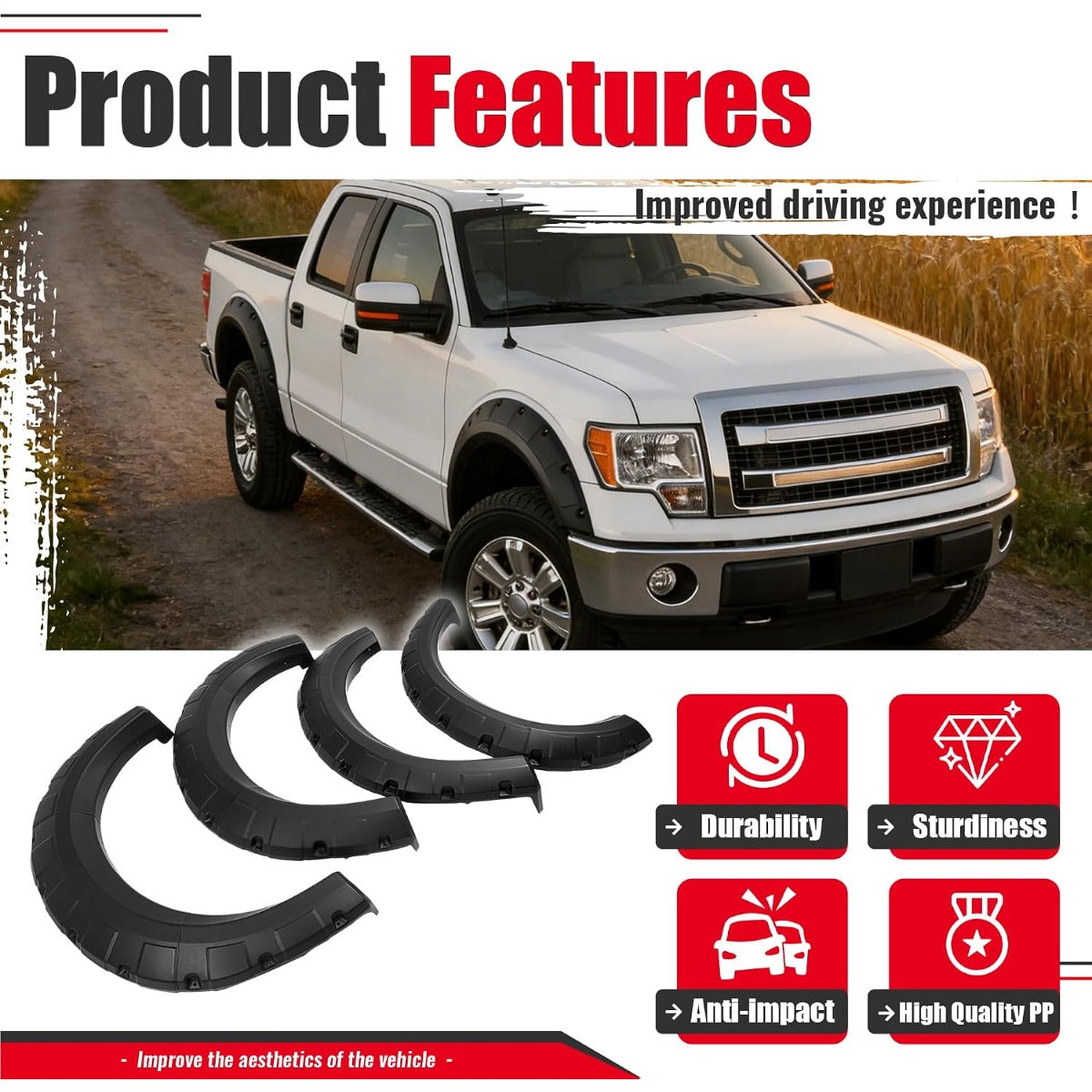 Fender Flares Compatible with 2009-2014 Ford F-150 | Styleside Bed 67.0"/78.8"/97.4", Excludes Platinum & Raptor Models, Pocket Rivet Style, Textured Black, 4PCS