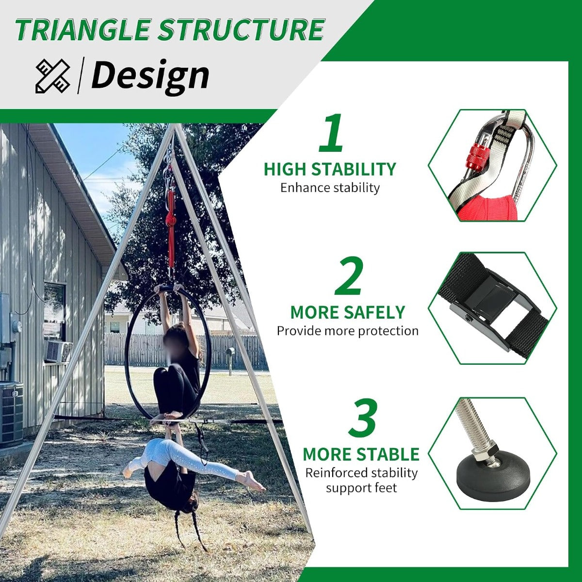 KUAFU Yoga Stand with Yoga Swing Inversion Portable Stand Yoga Frame Yoga Sling Inversion Equipment Steel Silvery for Indoor and Outdoor Triangle Structure