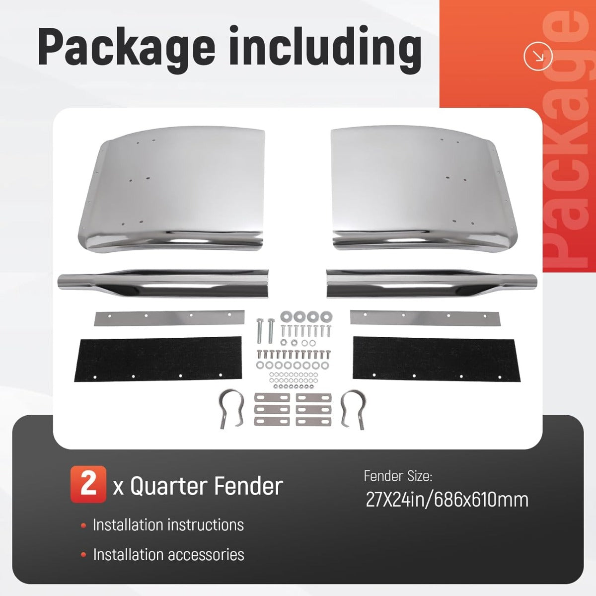 27" x 24" Quarter Fenders for Semi Trucks,for Freightliner Peterbilt Kenworth Volvo Mack, 304 Stainless Steel Mirror-Finished Fenders Right & Left