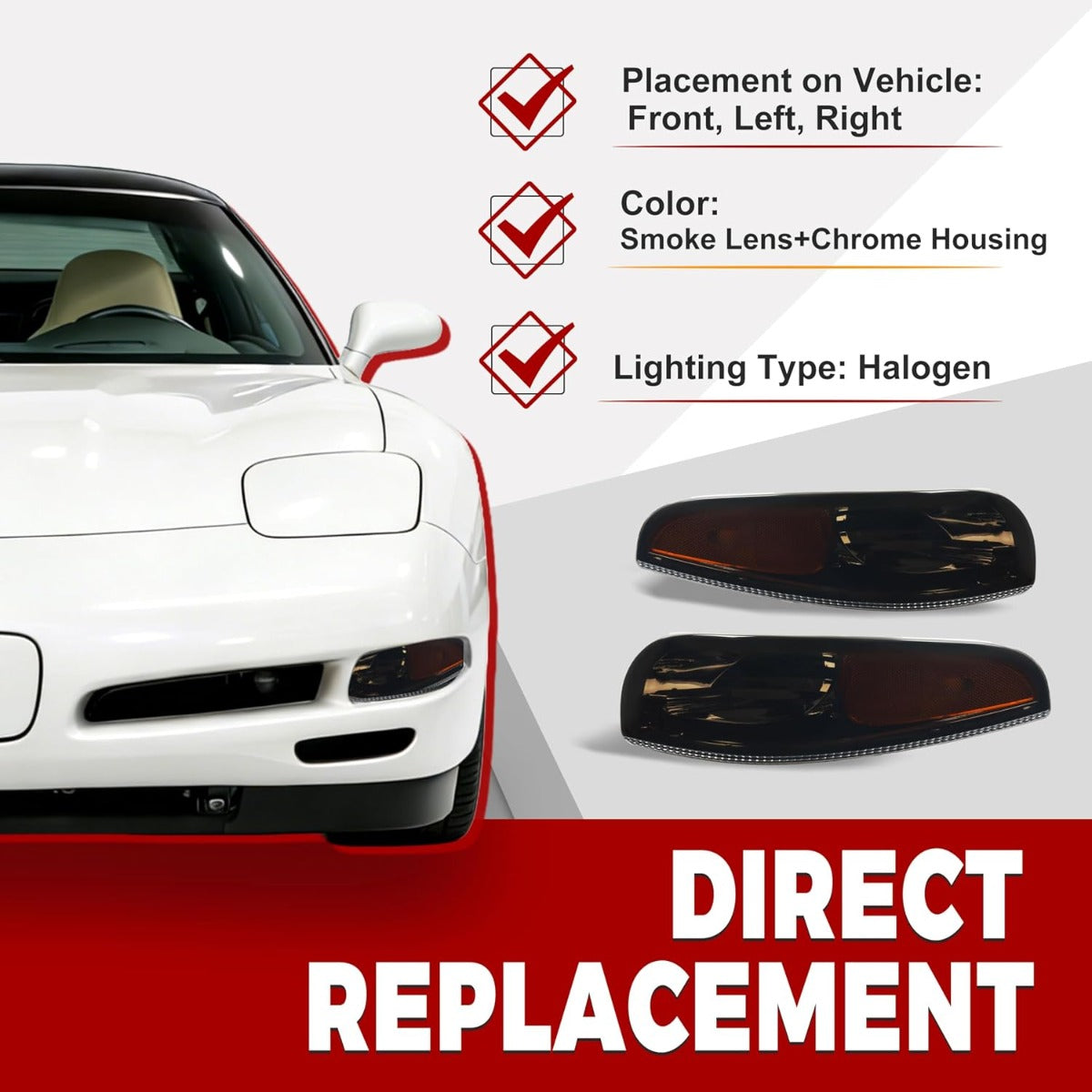 HECASA Pair Turn Signal Lights Compatible with 1997-2004 Chevy Chevrolet Corvette C5, Front Bumper Signal Lamps Replacement for GM2520186 GM2521186, Smoke Lens Chrome Housing Driver&Passenger Side