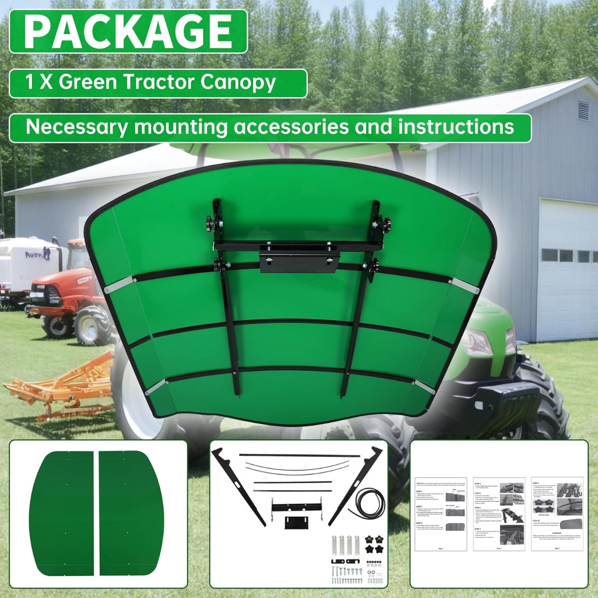 Green Tractor Canopy Compatible with All ROPS 48-3/8 Inches X 48-3/8 Inches Equipped Tractors and Mowers with a 2 Inches x 2 Inches or 2 Inches x 3 Inches ROPS (Will Add About 4 Inches to The Height of The Tractor) LYJD-031S-1