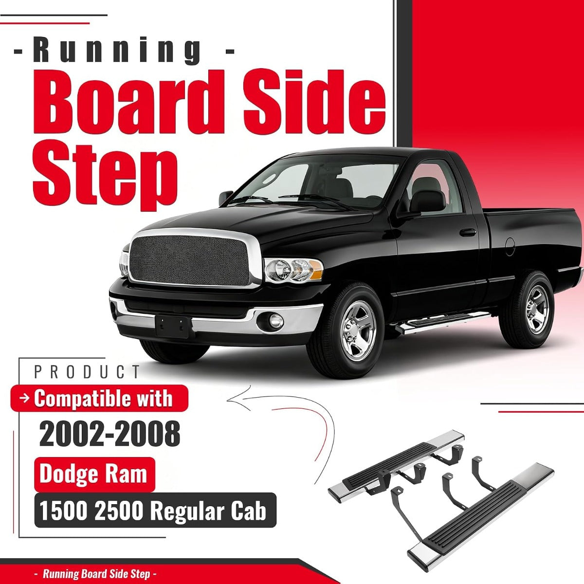 6.5 inch Running Board Side Step Compatible with 2002-2008 Dodge Ram 1500 2500 Regular Cab Step Nerf Bar 304 Stainless Steel+Plastic Powder Coated+Textured Black+Silvery