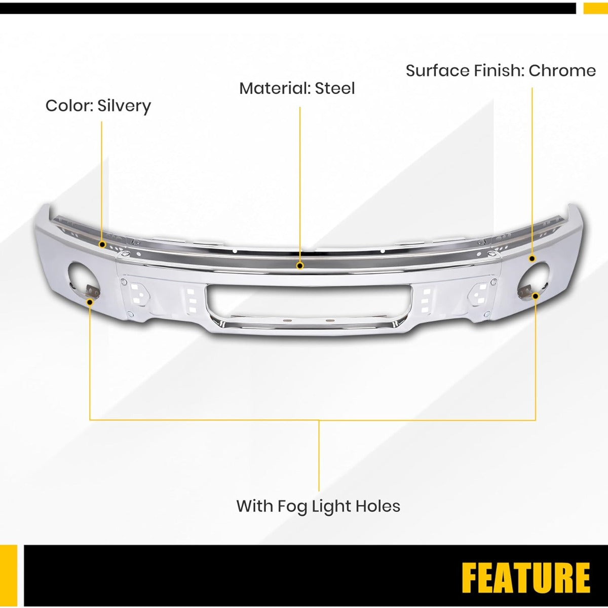 Front Bumper Face Bar Compatible with 2009-2014 Ford F150 F-150 w/Fog Light Holes Replacement for FO1002411 9L3Z17757B Chrome Steel Silvery 3Pcs