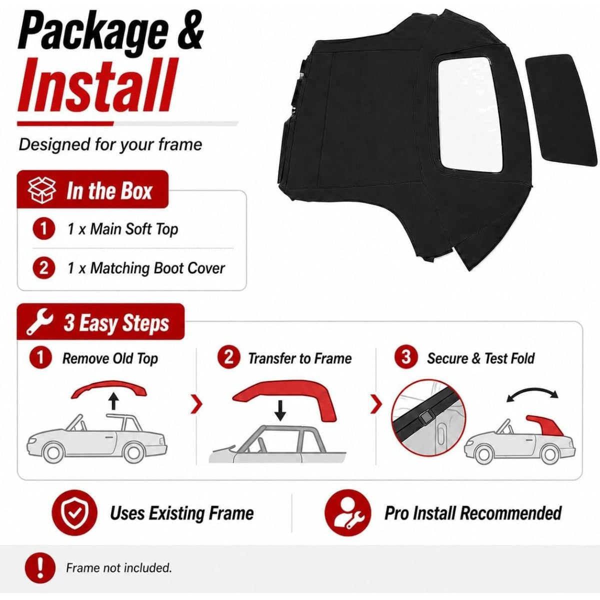 ALMULOO Convertible Soft Top Replacement Compatible with 2000-2007 Toyota MR2 Spyder, Premium Sailcloth Vinyl Cabrio Roof with Clear Plastic Window, Weatherproof Convertible Top, Black