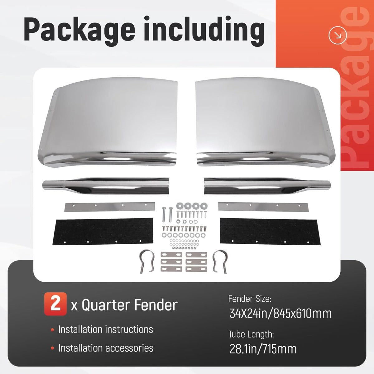 34" x 24" Quarter Fenders for Semi Trucks,  for  Freightliner Peterbilt Kenworth Volvo Mack, 304 Stainless Steel Mirror-Finished Fenders Right & Left