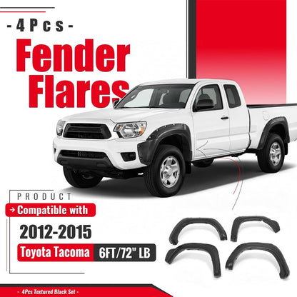 4Pcs Fender Flares Compatible with 2012-2015 Toyota Tacoma | Fleetside 6 FT (72") Long Bed Front & Rear Wheel Arch Covers PP Plastic Textured Black