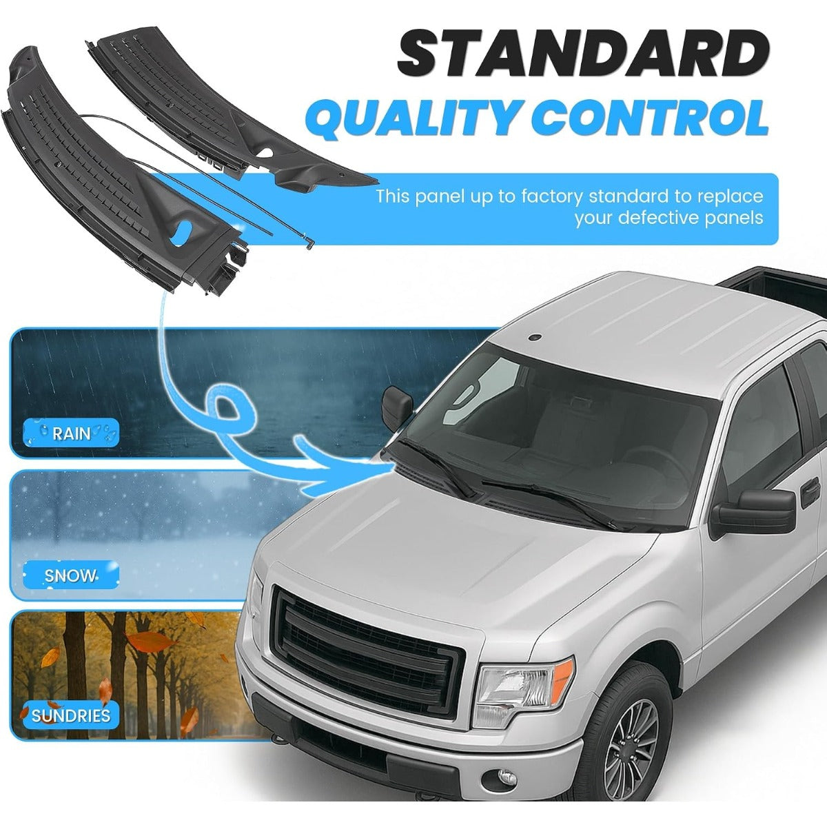 ECOTRIC Front Windshield Wiper Cowl Panel Grille Vents Set w/Seals Compatible with 2009-2014 Ford F150 Replacement for BL3Z15022A68A & BL3Z15022A69A Driver & Passenger Side