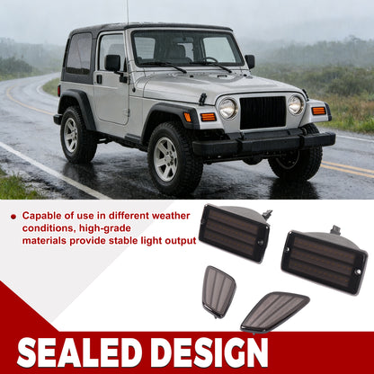 HECASA Pair LED Turn Signal and Side Marker Light Compatible with 1997-2006 Jeep Wrangler TJ Smoke Lens Plastic Front Bumper Signal Fender Light 4 Pieces