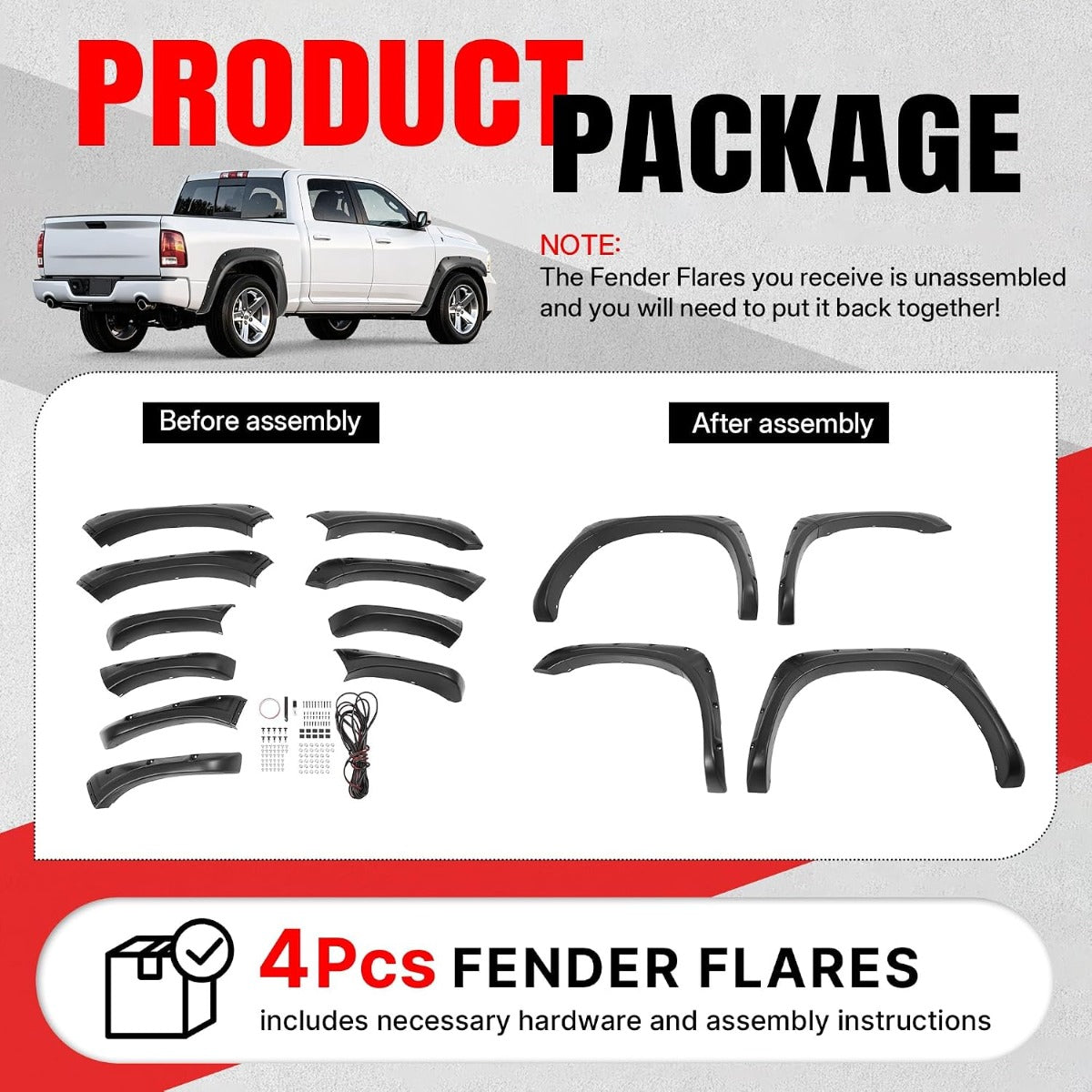 4Pcs Fender Flares Set Compatible with 2002-2009 Dodge Ram 1500 2500 3500 (Not Fit 06-09 8ft Bed Models) with Fleetside 76.3 inch Bed Pocket Riveted Front & Rear Wheel Arch Cover Protector
