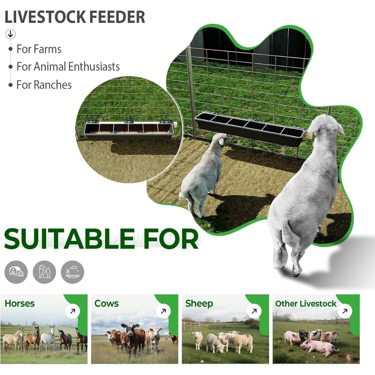 37.63In Goat Feeder, 2.5 Gallon Livestock Feeding Rack, Divided and