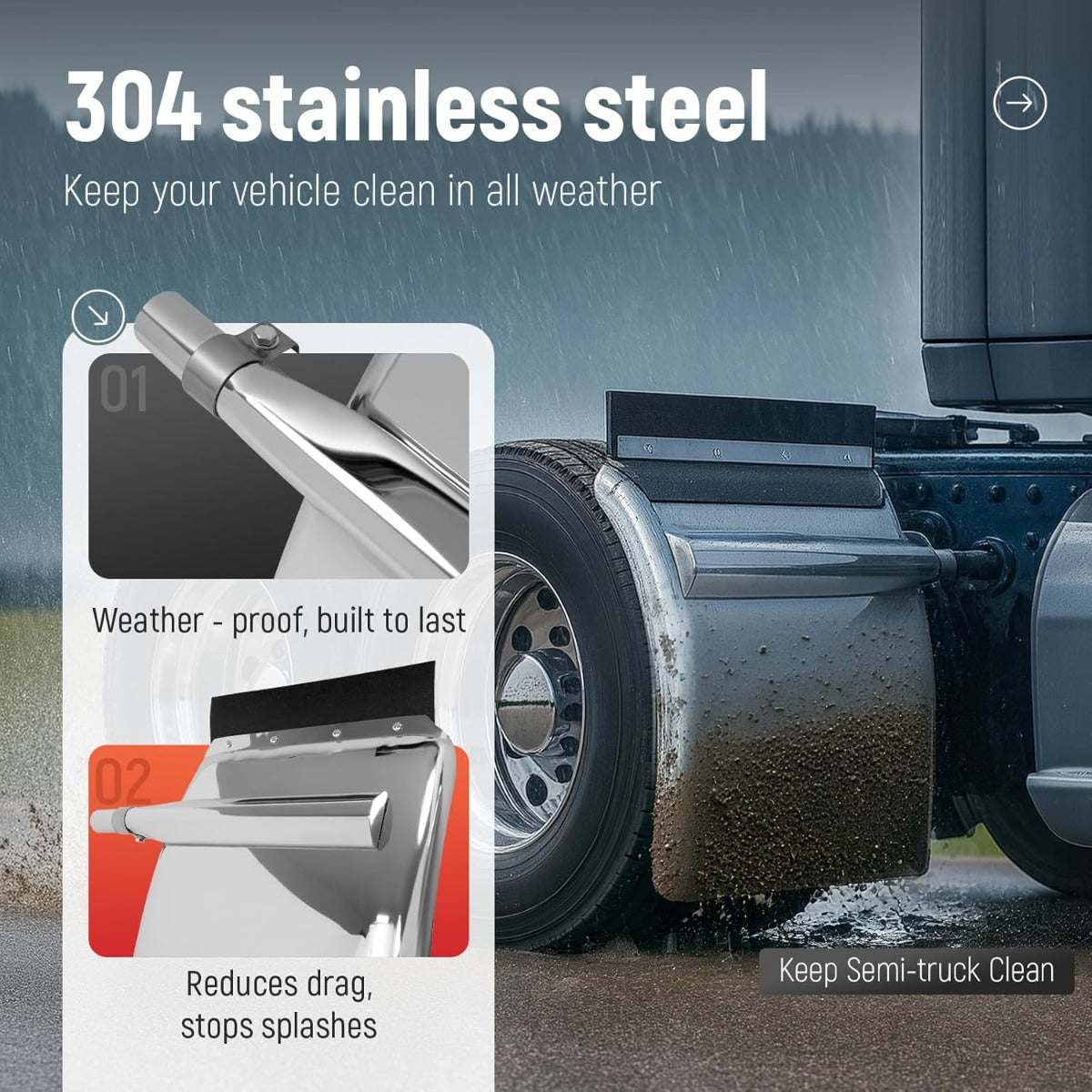 27" x 24" Quarter Fenders for Semi Trucks,for Freightliner Peterbilt Kenworth Volvo Mack, 304 Stainless Steel Mirror-Finished Fenders Right & Left
