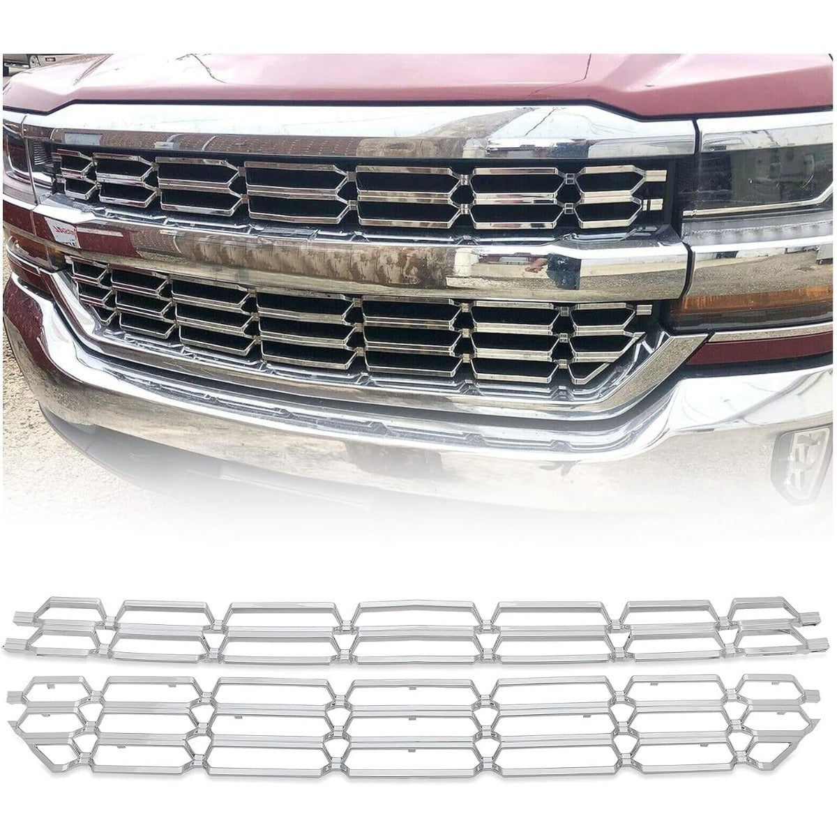 Grille Overlay Cover Inserts Compatible with 2016-2018 Chevy Chevrolet Silverado 1500 Front Bumper Upper Grille Cover Overlay Guard Chrome Silver