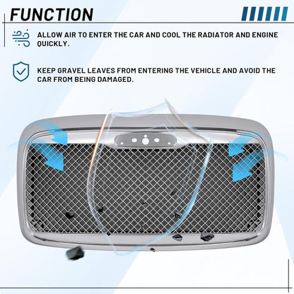 Front Upper Grille Compatible with 2000-2016 Freightliner Columbia Bumper Grill w/Bug Screen Chrome Steel+Plastic Silvery