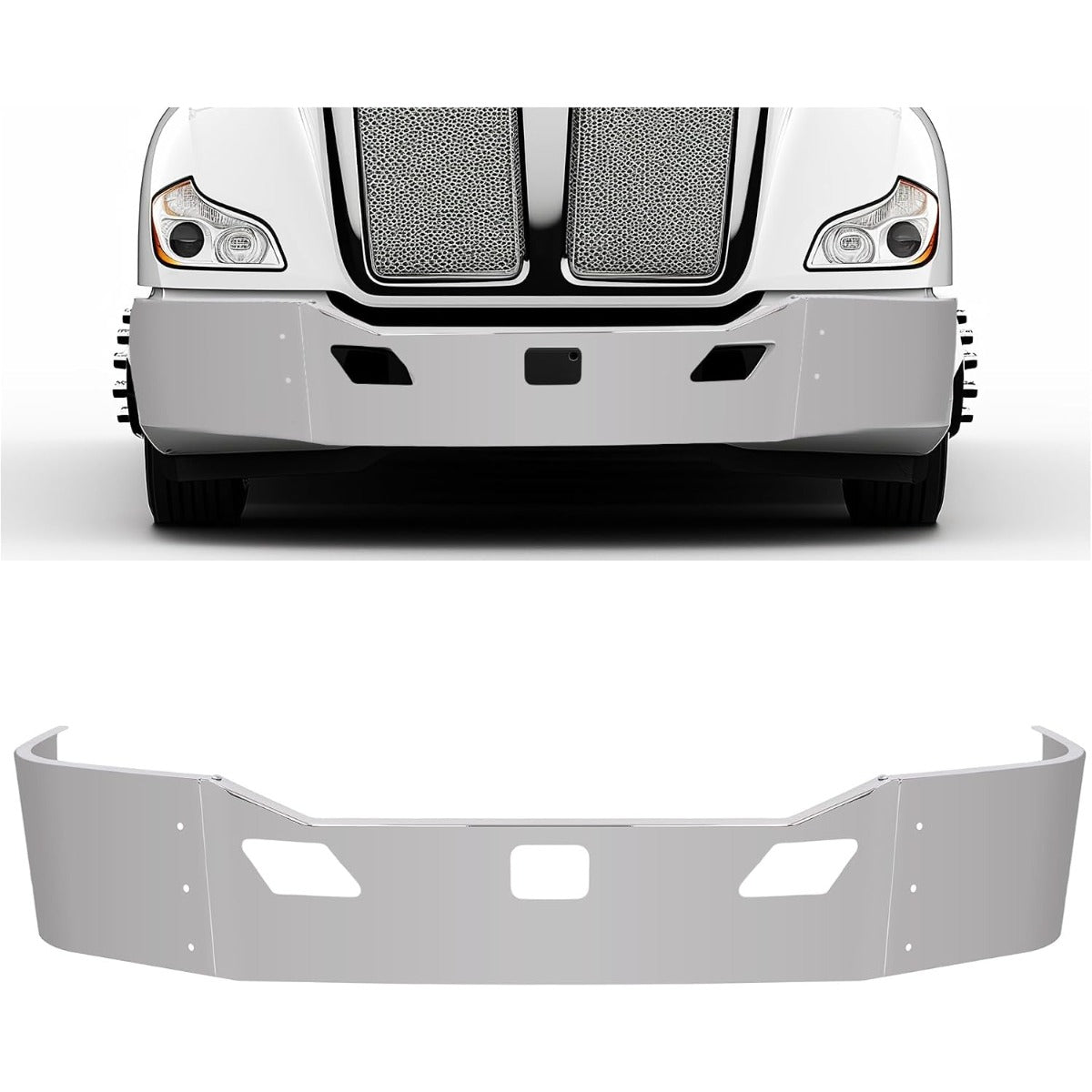 Front Bumper Assembly Compatible with 2011-2022 Kenworth T680 w/Two Tow &Custom Radar Sensor Cut-out w/Brackets 3PCs Steel Chrome Silvery