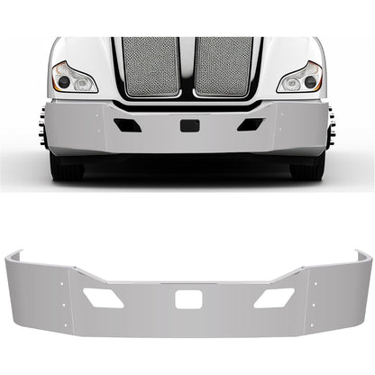 Front Bumper Assembly Compatible with 2011-2022 Kenworth T680 w/Two Tow &Custom Radar Sensor Cut-out w/Brackets 3PCs Steel Chrome Silvery