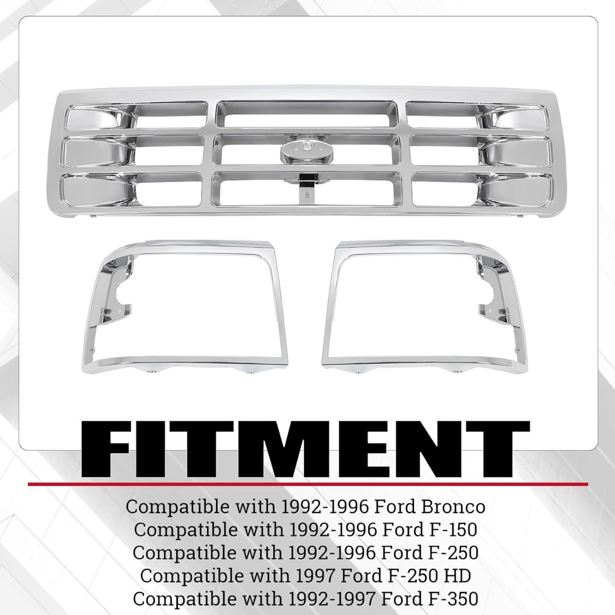 Front Grille & Headlight Bezel Compatible with 1992-1997 Ford Bronco F-150 F-250 HD F-350 Replacement for F4TZ8200A FO1200173 F2TZ13064D FO2512130 F2TZ13064C FO2513131 FO1200442 Chrome Silvery