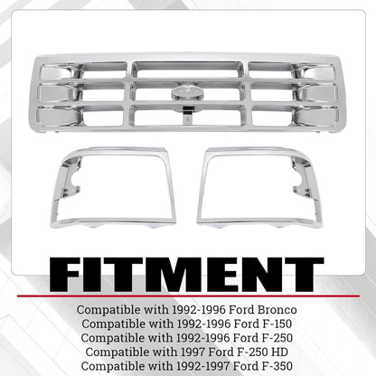 Front Grille & Headlight Bezel Compatible with 1992-1997 Ford Bronco F-150 F-250 HD F-350 Replacement for F4TZ8200A FO1200173 F2TZ13064D FO2512130 F2TZ13064C FO2513131 FO1200442 Chrome Silvery