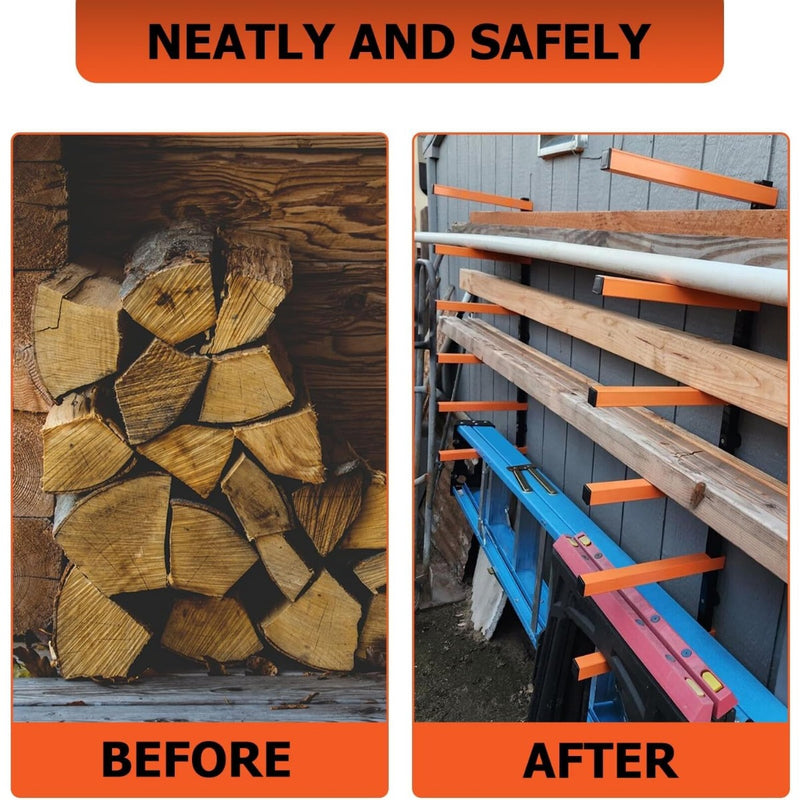 Lumber Rack Wall Mount Wood Organizer Lumber Organizer - Heavy Duty Metal 6 Levels Shelf Lumber Storage Rack Max 600 Lbs (1 Pack), Indoor & Outdoor Use - Orange LYA-077