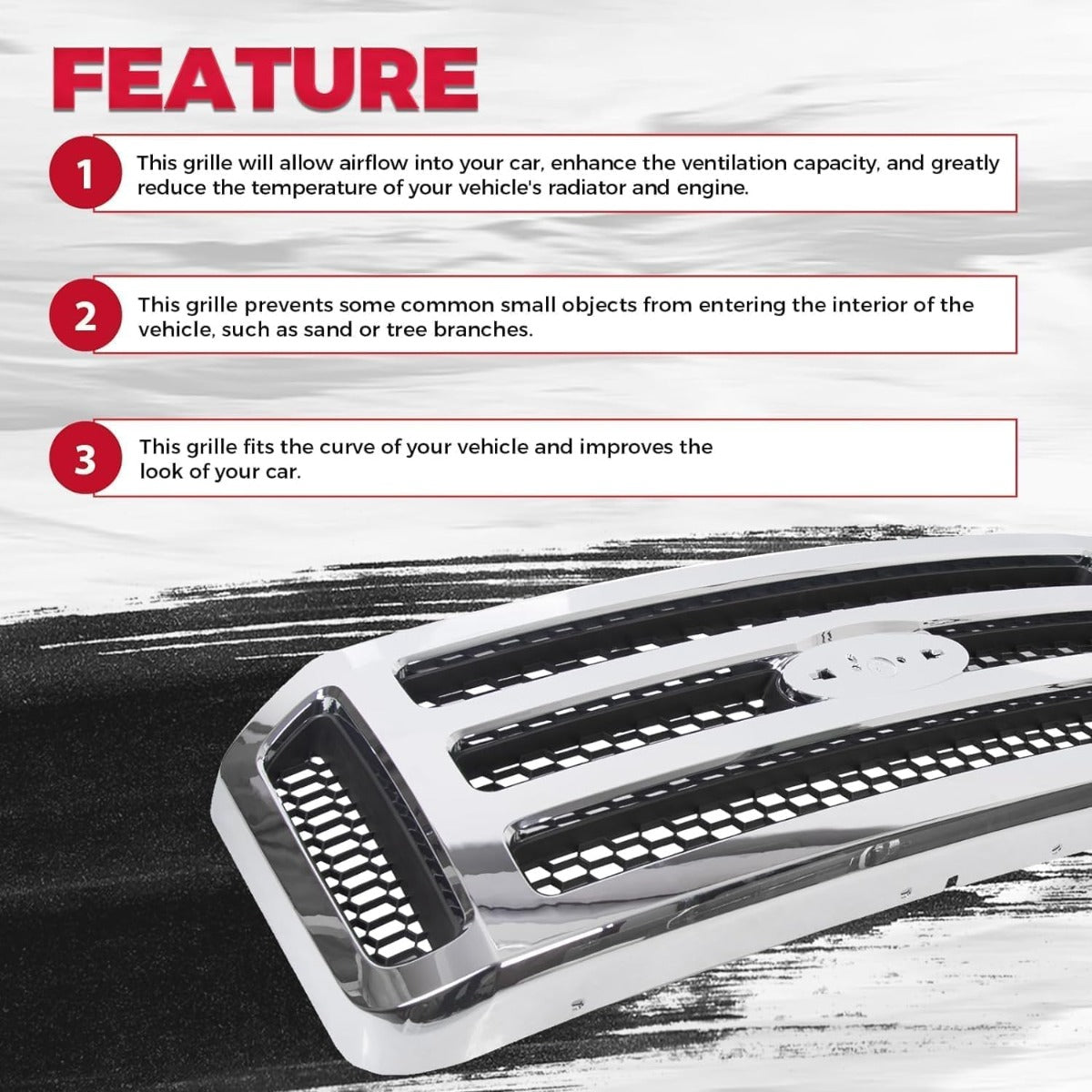 HECASA Front Grille Compatible with 2005-2007 Ford F250 F350 F450 F550 SuperDuty FO1200456 5C3Z8200BAA Upper Bumper Hood Grill W/Gray Honey Comb Chrome