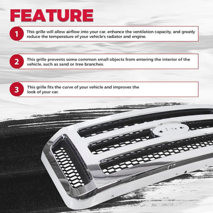 HECASA Front Grille Compatible with 2005-2007 Ford F250 F350 F450 F550 SuperDuty FO1200456 5C3Z8200BAA Upper Bumper Hood Grill W/Gray Honey Comb Chrome