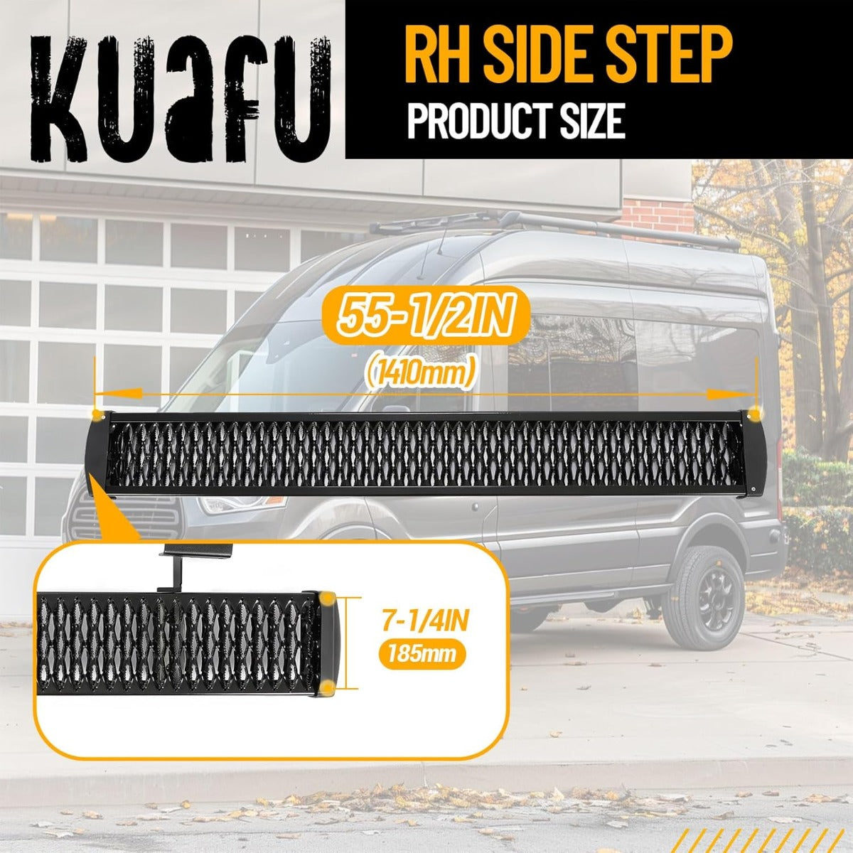 RH Side Step 55-1/2 inch Steel Compatible with 2015 to Present Ford Transit 150 250 350 Cargo Van Grip Running Board Passenger Side Powder Coated Black