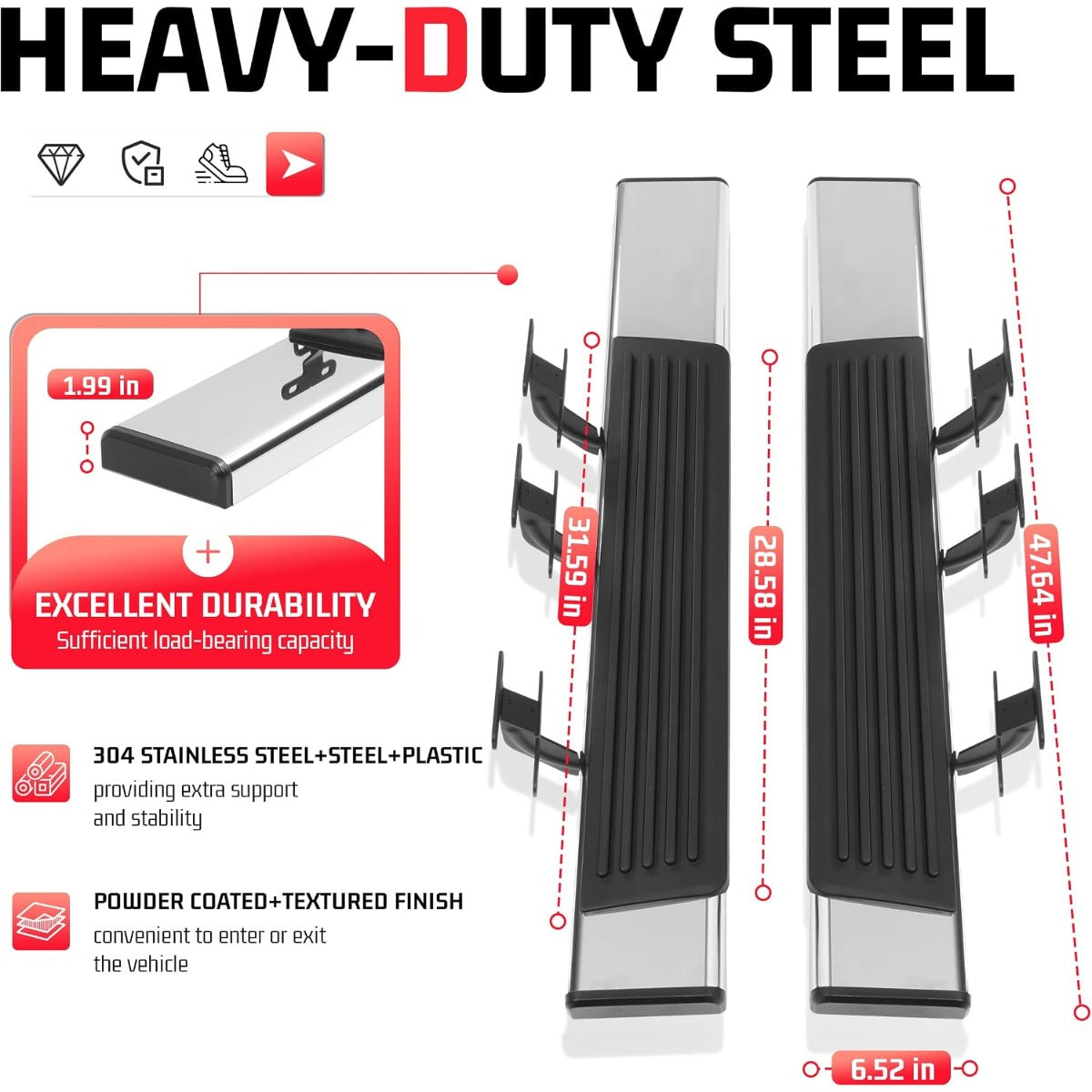 Side Steps Compatible with 2015-2026 Ford F-150 Regular Cab Running Boards Step Nerf Bars 304 Stainless Steel+Steel+Plastic Silvery+Black