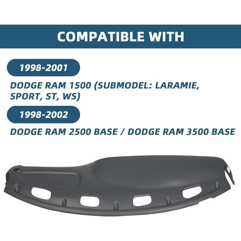 Dash Cover Overlay Compatible with 1998-2001 Dodge Ram 1500, 1998-2002 Dodge Ram 2500 Base/Dodge Ram 3500 Base Trucks Gray Dashboard Dash Cap Pad Bezel Molded Protector LYAP-299S-2