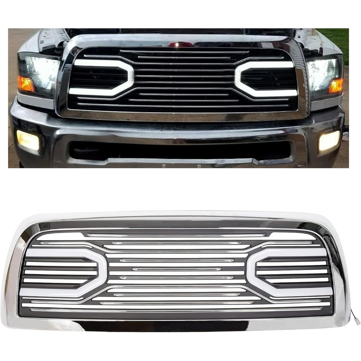 Front Bumper Grill w/LED Tube Compatible with 2010-2018 Ram 2500/3500/4500 Big Horn Hood Grille Replacement Shell Horizontal Style - Chrome