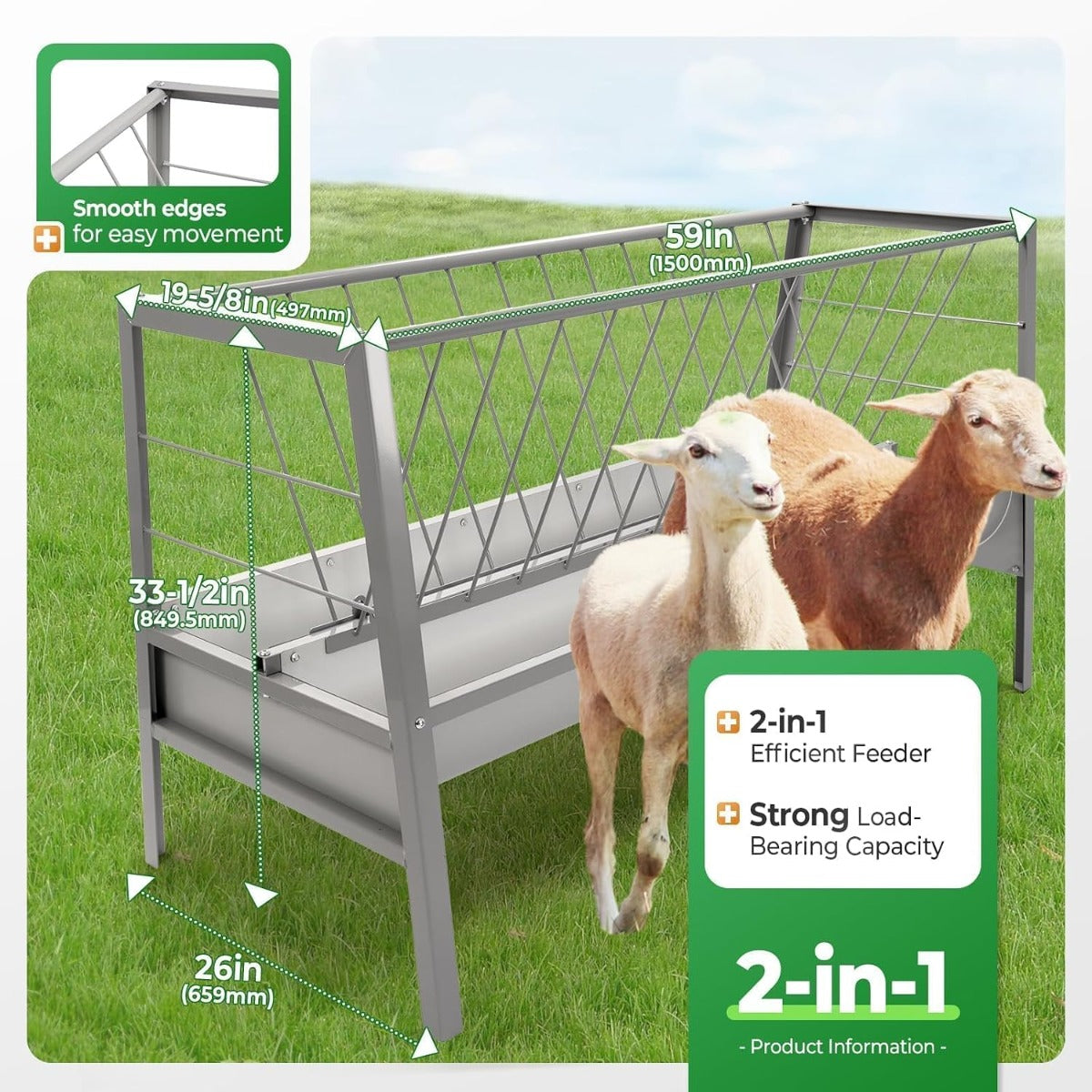 Pasture Hay Feeder 2 in 1 55 Gallon 59 in Livestock Feed Trough