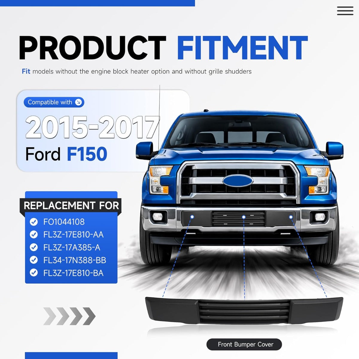 Front Bumper Cover Compatible With 2015 2016 2017 Ford F150 F-150 FO1044108 FL3Z-17E810-AA w/o Block Heater & Grille Shutters Lower Grille Trim Panel License Plate Bracket Mount Fascia Cover