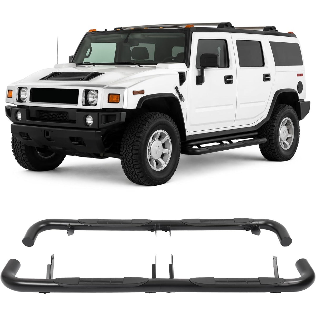 ALMULOO Side Step Compatible with 2003-2010 Hummer H2 / H2 SUT | Running Boards Step Bars Steel+409 Stainless Steel+Plastic Powder Coated Black