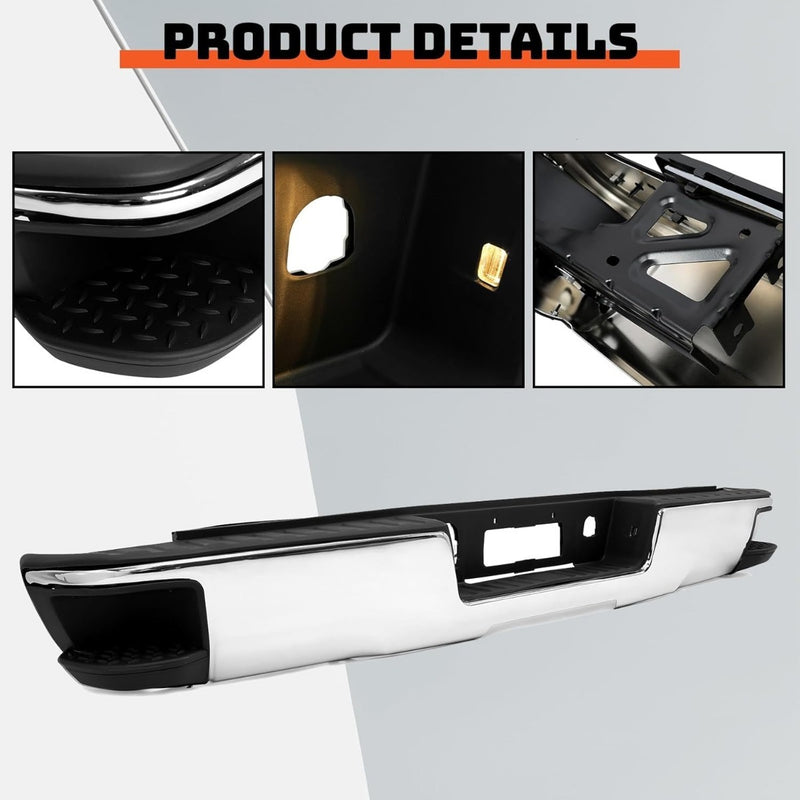 Rear Step Bumper Assembly Compatible with 2014-2019 Chevy Chevrolet Silverado & GMC Sierra 1500 Chrome Replacement for GM1103176 GM1103175 (W/O Sensor Holes W/Conner Step Hole) LYAM-365S-1