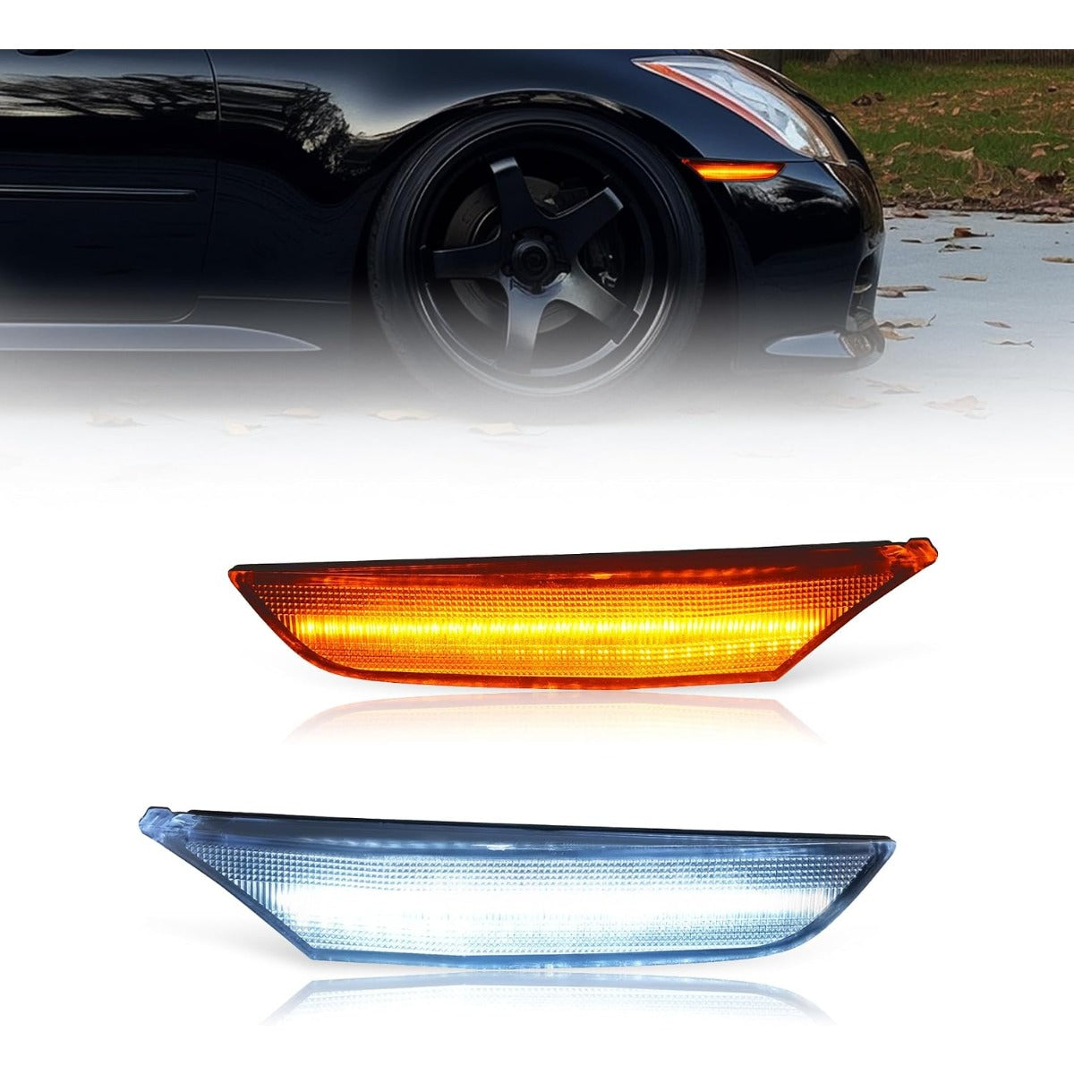 HECASA Front Side Marker Light Compatible with 2001-2006 Infiniti G35 Sedan Base & Nissan Skyline V35 Sedan LED Sequential Dynamic Turn Signal Parking Lamp Clear Lens