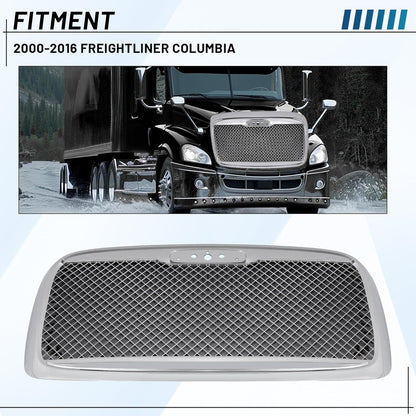 Front Upper Grille Compatible with 2000-2016 Freightliner Columbia Bumper Grill w/Bug Screen Chrome Steel+Plastic Silvery