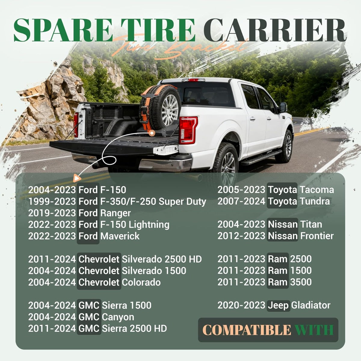 Adjustable Bed Mount Spare Tire Carrier Compatible with 2004-2024 Ford F-150 GMC Sierra 1500 Chevrolet Silverado 1500 Toyota Tacoma Nissan Titan Ram 1500 Pickup Trucks Fits Tires 33" to 40"