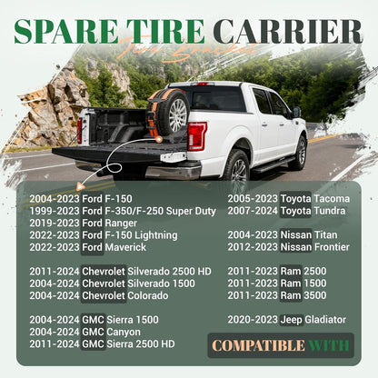 Adjustable Bed Mount Spare Tire Carrier Compatible with 2004-2024 Ford F-150 GMC Sierra 1500 Chevrolet Silverado 1500 Toyota Tacoma Nissan Titan Ram 1500 Pickup Trucks Fits Tires 33" to 40"