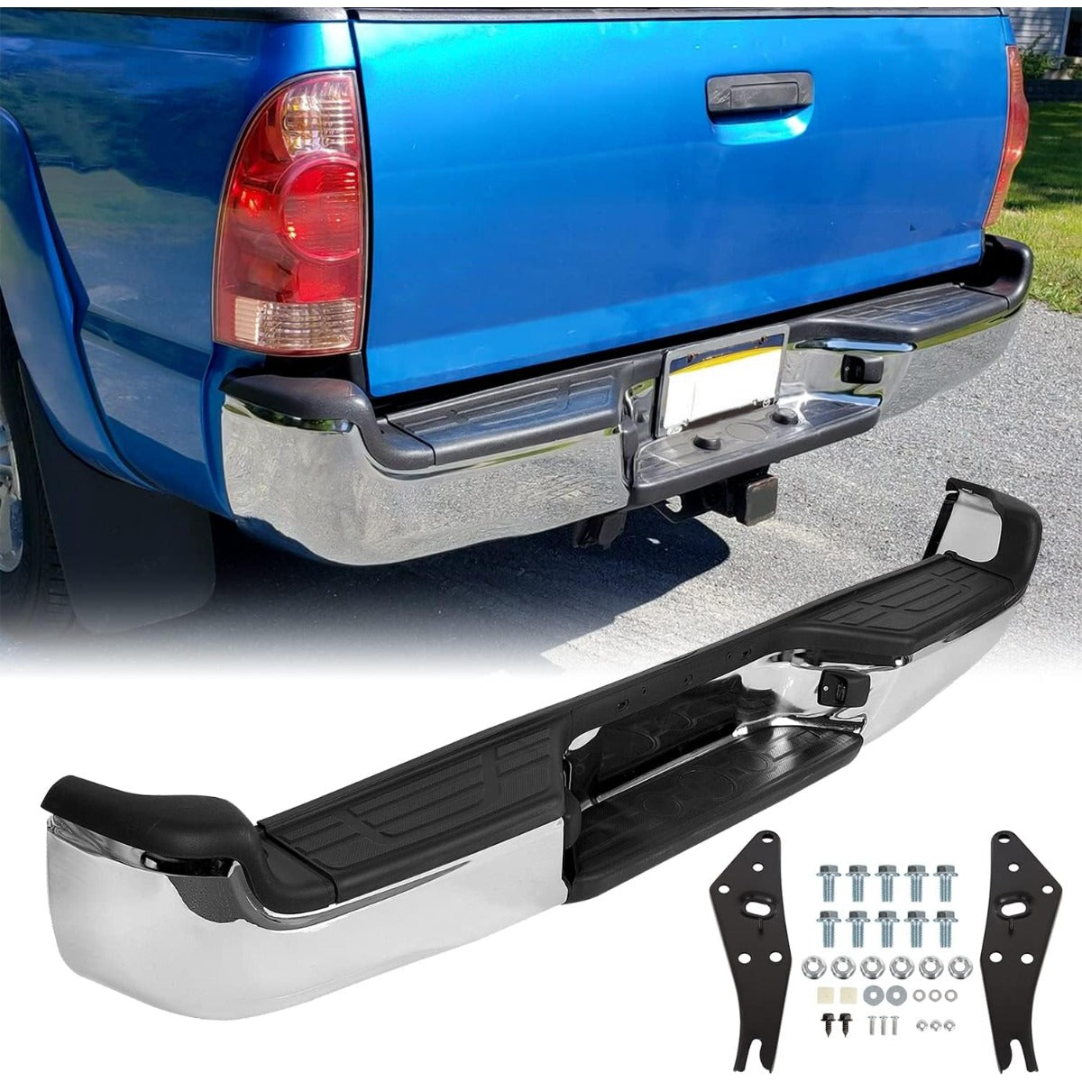 Rear Bumper Compatible With 2005-2015 Toyota Tacoma TO1103113 Bumper Assembly W/Pads Brackets and License Plate Lights Steel Chrome Fits Models With SR5 Package or Limited Package Only