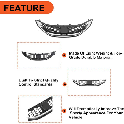 Front Grill Compatible with 2013 2014 2015 Honda Civic Sedan HO1200216 HO1202109 71121TR3A01 71122TR3A01 Front Bumper Hood Grille W/Chrome Molding