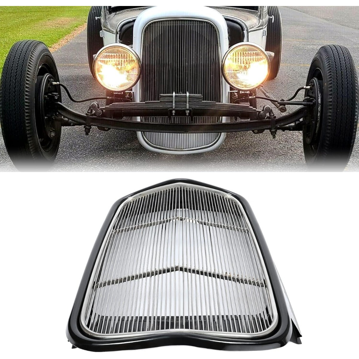 Front Grille Shell + Insert Compatible with Ford 1932 Models Model B/BB / 18 Polished Stainless Steel (Without Crank Hole) LYAM-414S-1