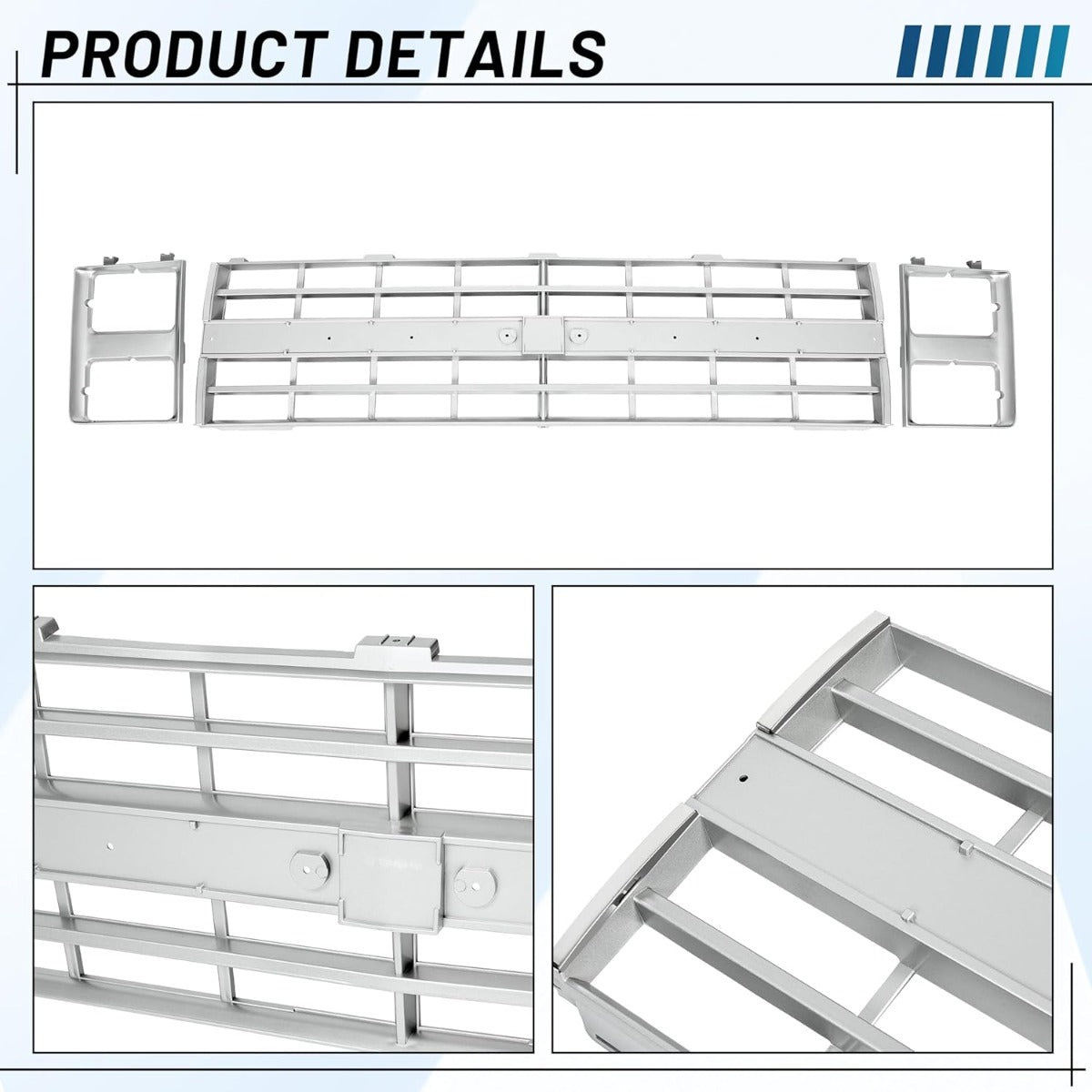 Front Grille Grill & Headlight Bezel Compatible with 1985-1988 Chevy C10/C20/C30/K5/K10/K20/K30/R10/R20/R30/V10/V20/V30 Blazer Suburban 15598727 15598728 GM1200140 GM2513126 Chrome