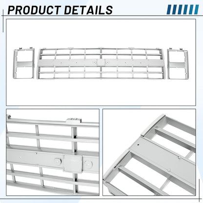 Front Grille Grill & Headlight Bezel Compatible with 1985-1988 Chevy C10/C20/C30/K5/K10/K20/K30/R10/R20/R30/V10/V20/V30 Blazer Suburban 15598727 15598728 GM1200140 GM2513126 Chrome